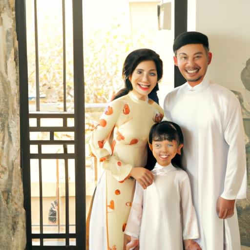 Bức ảnh gia đình truyền thống Việt Nam với trang phục áo dài