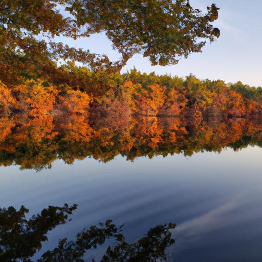 Hồ yên bình phản chiếu màu sắc của mùa thu