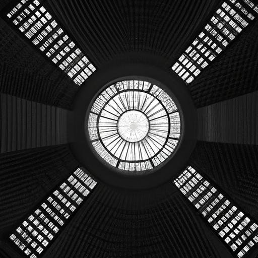 Bức ảnh đen trắng ấn tượng về không gian nội thất của một tòa nhà biểu tượng