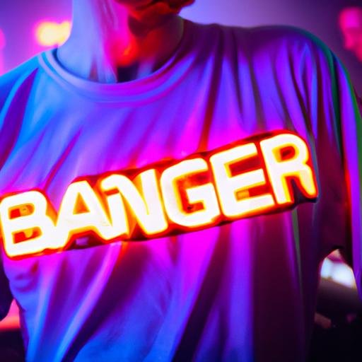 Bức ảnh DJ đang mặc chiếc áo T-shirt in chữ 'banger' bằng font neon trong quán bar 