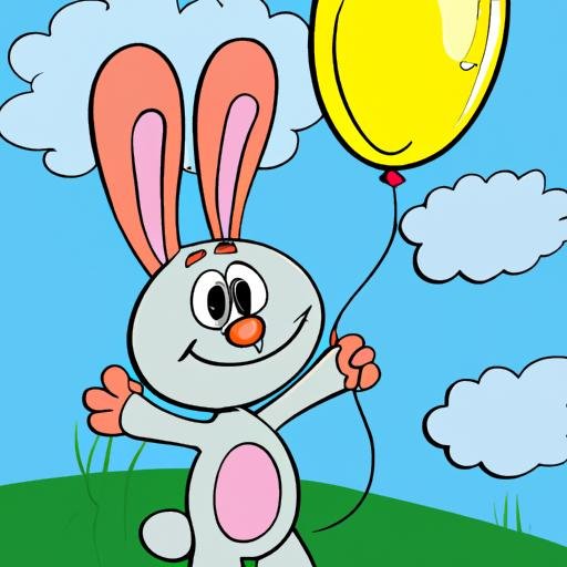 Chú thỏ hoạt hình với một quả bóng trong bầu trời xanh.