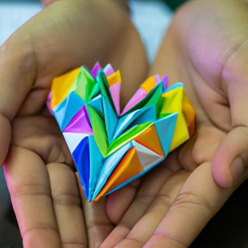 Bàn tay cầm một trái tim giấy hình dạng origami được làm từ giấy đầy màu sắc