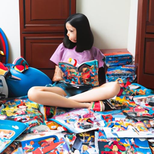 Bé gái đang ngồi trên sàn nhìn sách truyện và đồ chơi Đảo Hải Tặc