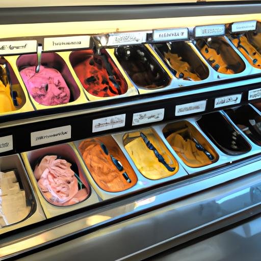 Bàn trưng bày những miếng kem ngon tại quán kem Pi với những topping đầy màu sắc.