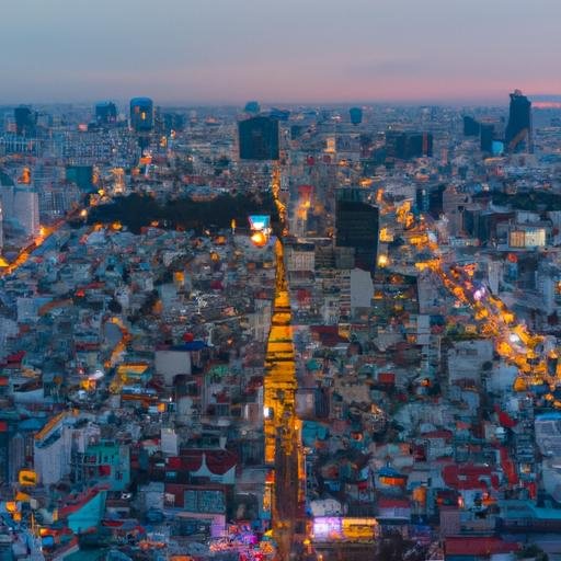 Bức ảnh chụp từ trên cao, ghi lại toàn cảnh đường 37 Minh Khai vào lúc hoàng hôn.