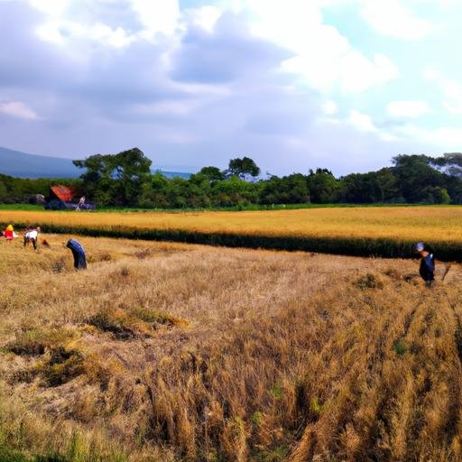 Cánh đồng lúa vào mùa thu hoạch, người nông dân đang thu hoạch lúa.