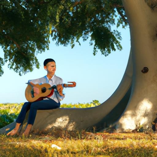 Cậu bé ngồi dưới cây đang chơi đàn guitar với bài hát Đang Dùng Bến Tre