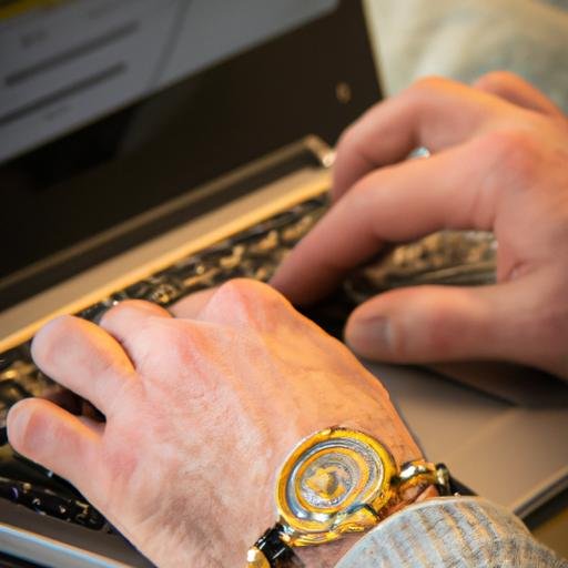 Chiếc đồng hồ Cham Charm với các chi tiết mạ vàng trên cổ tay người đàn ông khi anh ta đang gõ phím trên máy tính xách tay.