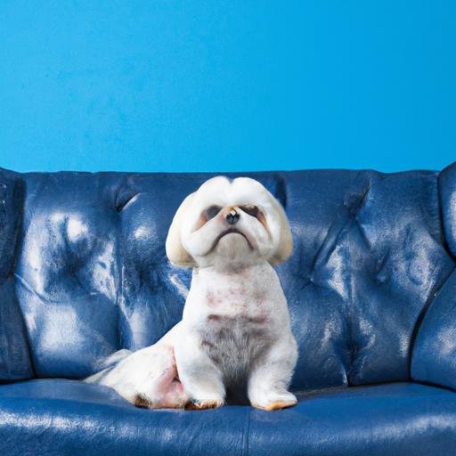 Chú chó Shih Tzu màu trắng đang ngồi trên một chiếc ghế sofa màu xanh