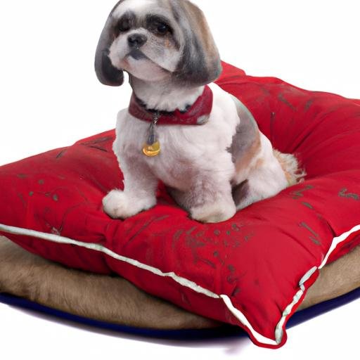 Chú chó Shih Tzu đang đeo chiếc vòng cổ màu đỏ và ngồi trên một chiếc gối