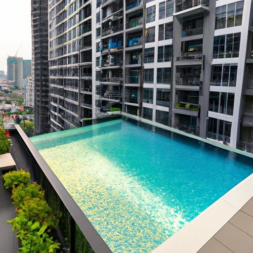 Toà nhà chung cư cao cấp với hồ bơi và vườn trên tầng mái.