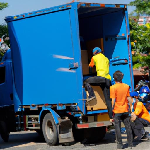 Các nhân viên giao hàng đang tải hàng lên một chiếc xe tải ở một kho hàng đông đúc tại Thủ Đức