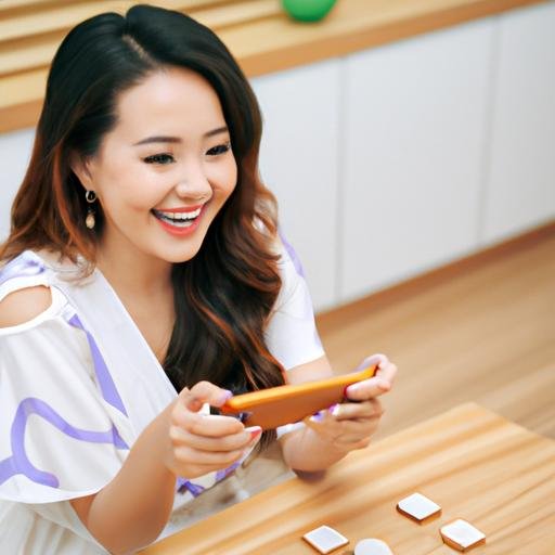 Cô gái trẻ cười tươi khi chơi Bắn Cá Go Đổi Thưởng trên điện thoại di động.