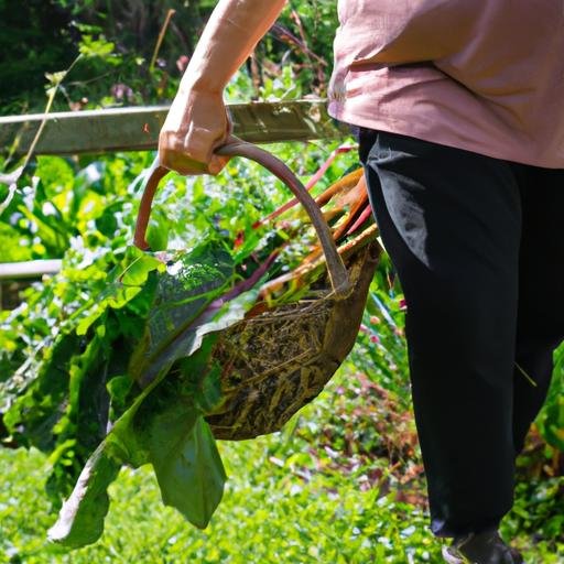 Nhân viên công ty rau sạch mang giỏ rau mới thu hoạch trong vườn