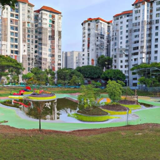 Một công viên xanh yên bình với hồ cá và khu vui chơi trẻ em, được bao quanh bởi các tòa nhà dân cư.