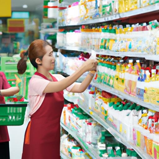 Nhân viên đang bổ sung hàng lên kệ tại Coopmart Đức Phổ