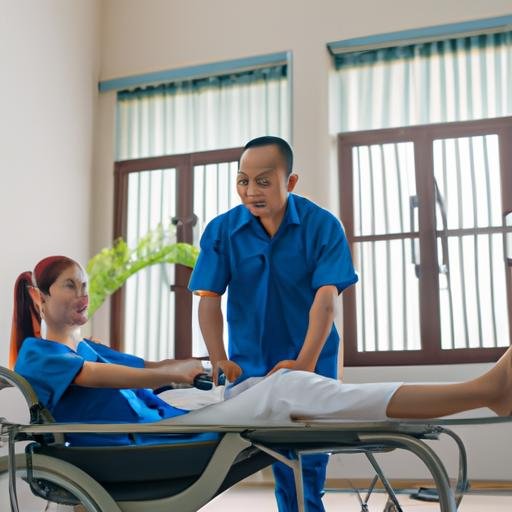 Y tá hỗ trợ cho bệnh nhân trong quá trình điều trị vật lý trị liệu tại Bệnh viện Long Xuyên.