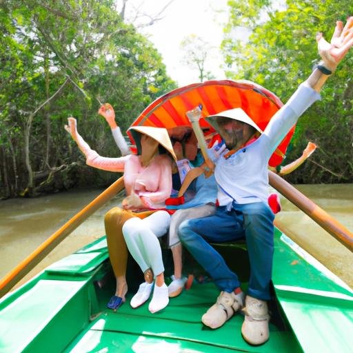Nhóm du khách cùng thỏa sức trải nghiệm tour thuyền trên sông tại 129 bà huyện thanh quan.