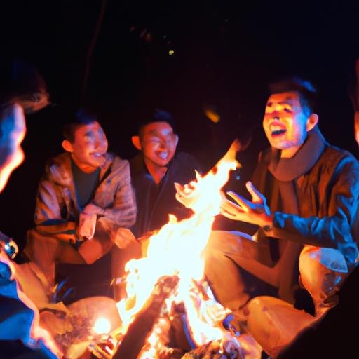 friends gathered around bonfire singing cach im lang