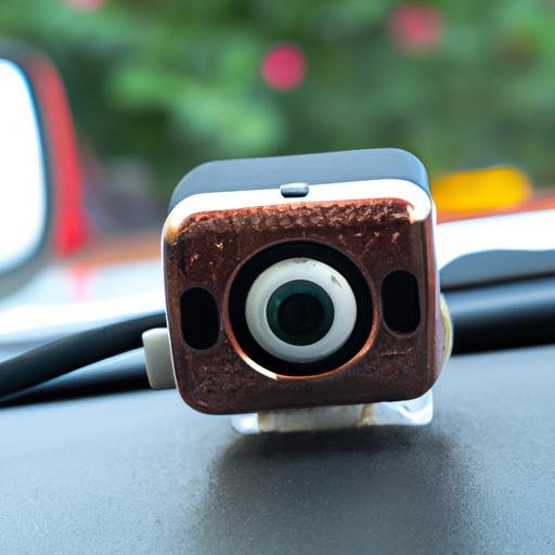 Gần cận camera hành trình kết nối điện thoại được lắp đặt trên bảng điều khiển của một chiếc xe.