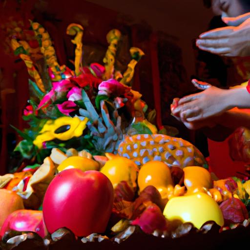 Một gia đình Việt Nam đang cúng trìu quả và hoa trên bàn thờ trang trí đỏ và vàng cho phước đức.