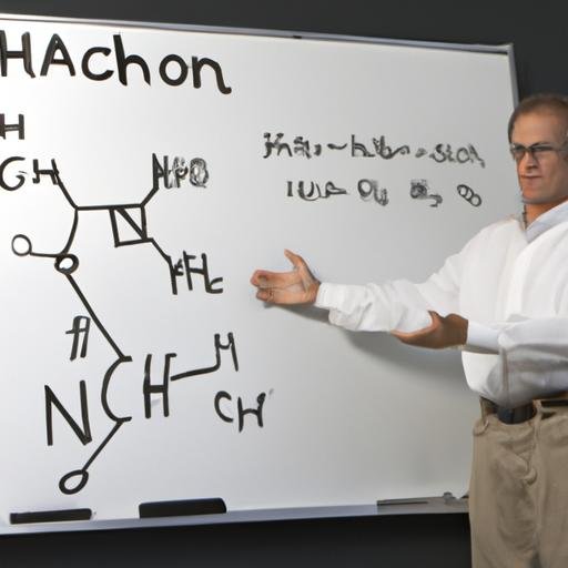 Giáo sư hóa học giảng dạy trước bảng viết chì với các công thức hóa học được viết trên đó.