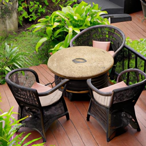 Góc sân vườn ngoài trời với ghế và bàn làm bằng tre và được bao quanh bởi cây xanh mát mẻ.
