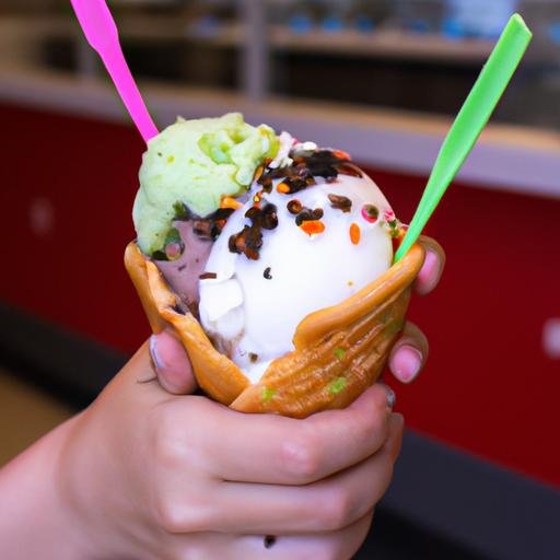 Gần cận hình ảnh đôi tay cầm một chiếc hộp kem với những topping đặc trưng của quán kem Pi.
