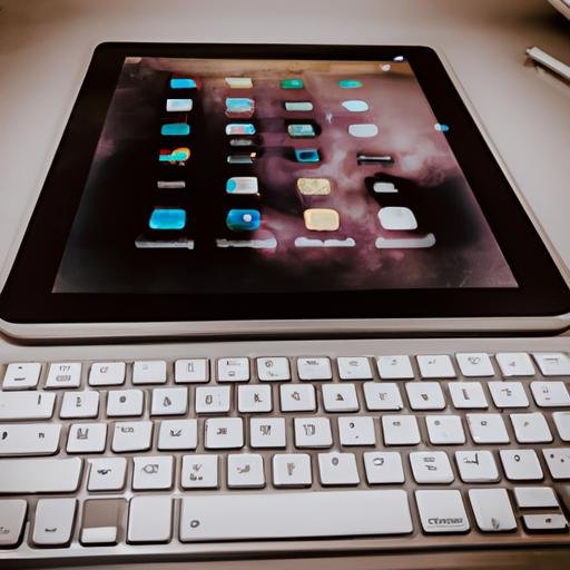 Một chiếc iPad 10.5 Pro 2017 cũ được kết nối với bàn phím và chuột, được sử dụng cho công việc.