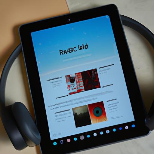 Một chiếc iPad 10.5 Pro 2017 cũ với tai nghe, hiển thị ứng dụng âm nhạc với một danh sách phát.