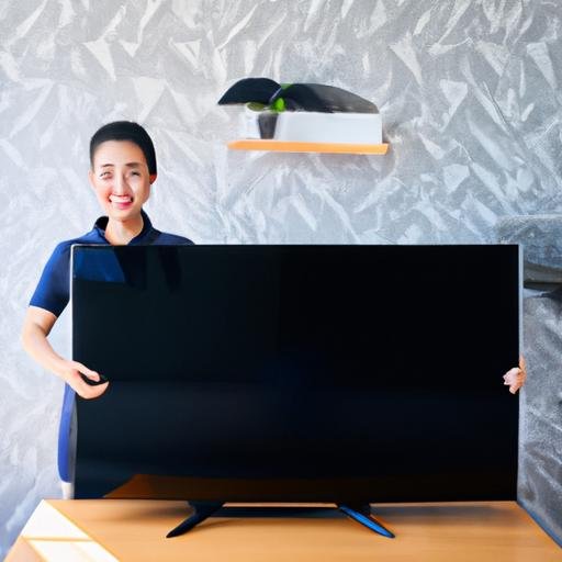 Khách hàng hạnh phúc giữ một chiếc Tivi mới được mua tại Điện máy Khải Trí