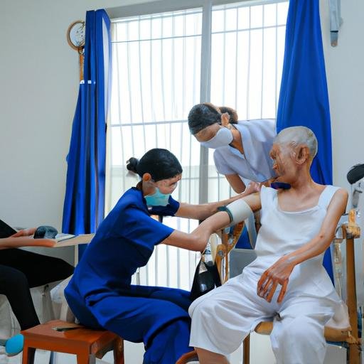 Nhân viên y tế đang thực hiện khám sức khỏe cho người già tại Bệnh viện Long Xuyên.