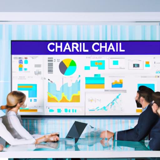 Một nhóm kinh doanh thảo luận về một dự án trên Chat Room 1 với đồ thị và biểu đồ hiển thị trên màn hình
