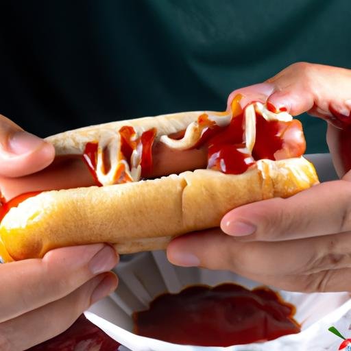 Một người chuẩn bị cắn một miếng hot dog kèm xúc xích heo cao bồi, hành tây, sốt cà chua và sốt mù tạt.