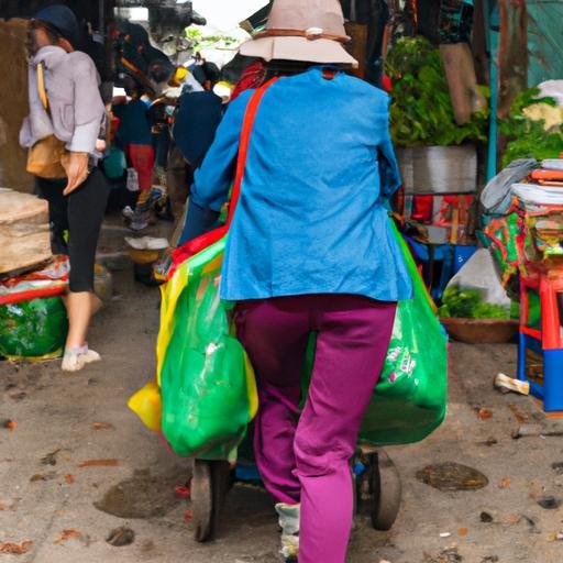 Một người đang vận chuyển thực phẩm bằng xe cào cào trong chợ đông đúc