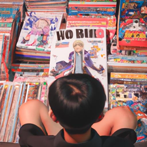 Một người đang đọc 'Sách vẽ truyện tranh phong cách Nhật Bản' trong khi xung quanh là rất nhiều đồ dùng, sản phẩm của các manga và anime Nhật Bản.