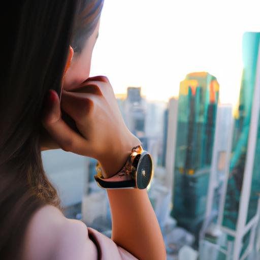 Người phụ nữ đeo đồng hồ Cham Charm ngắm nhìn toàn cảnh thành phố.