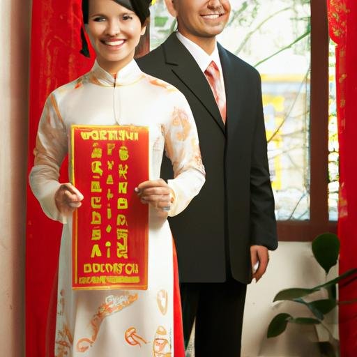 Người phụ nữ cười tươi nắm giữ bằng chứng nhận 'gói an sinh' cùng chồng đứng bên cạnh