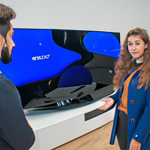 Nhân viên trưng bày Samsung giải thích tính năng của một chiếc TV thông minh cho khách hàng