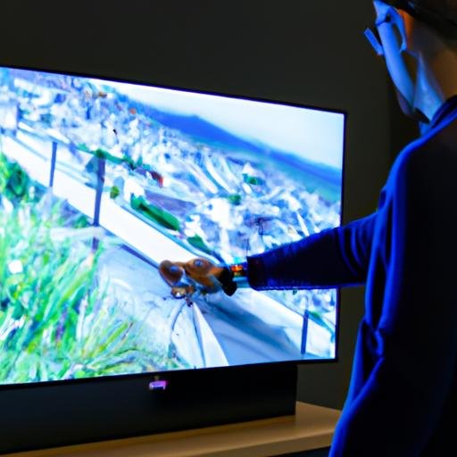 Nhân viên trưng bày Samsung kiểm tra chất lượng hình ảnh của một chiếc TV QLED mới