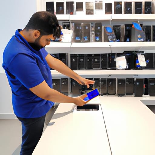 Nhân viên trưng bày Samsung sắp xếp sản phẩm điện thoại mới đến trên kệ trưng bày