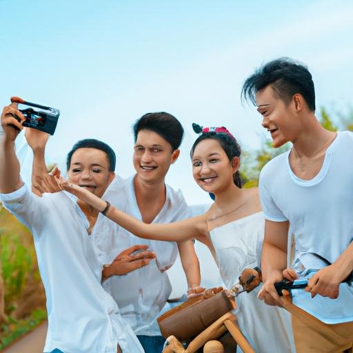 Nhóm bạn sử dụng camera hành trình kết nối điện thoại để ghi lại chuyến đi đường của mình.