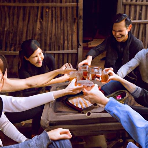 Một nhóm bạn thưởng thức rượu 90 độ trong một bầu không khí đồng quê