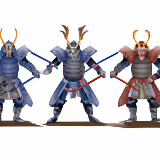 Một nhóm các samurai chiến sĩ trong trang bị đầy đủ đang đối đầu với nhau