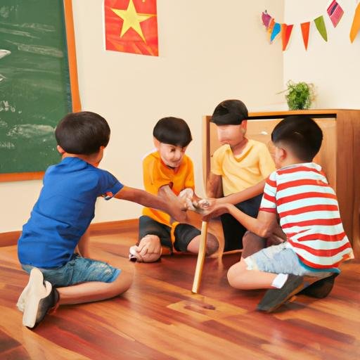 Nhóm trẻ em chơi 'Con dê đánh số mấy' trong lớp học