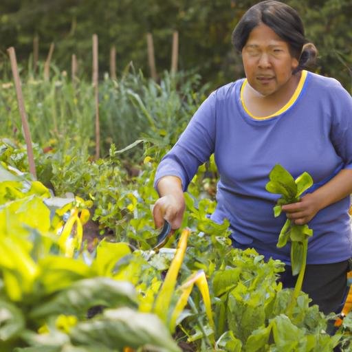 Nữ nông dân hái rau từ vườn của mình