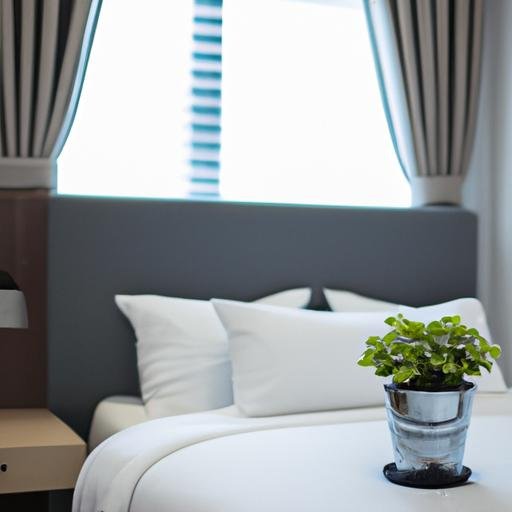 Phòng khách sạn tối giản với ánh sáng tự nhiên và cây cối dành cho thuê dài hạn