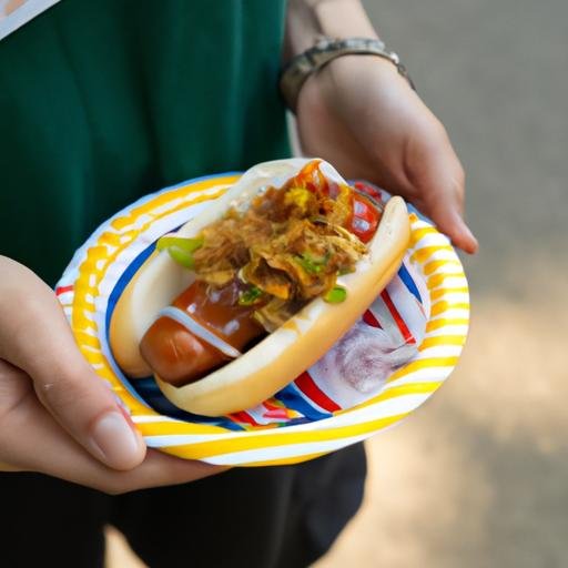 Một người phụ nữ cầm chiếc hot dog kèm xúc xích heo cao bồi, hành tây, sốt cà chua và sốt mù tạt trên dĩa giấy tại một buổi tiệc nướng ngoài trời.