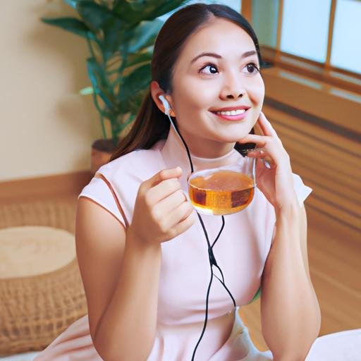 Một người phụ nữ nghe bài hát 'hợp âm chuyện như chưa bắt đầu' với nụ cười hài lòng khi uống trà