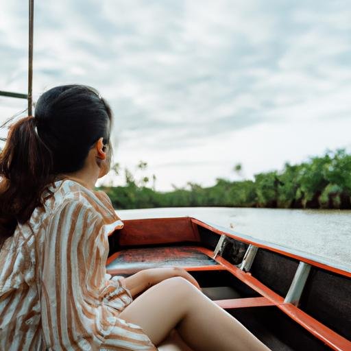 Người phụ nữ trẻ ngồi trên thuyền lắng nghe và suy ngẫm với bài hát Đang Dùng Bến Tre